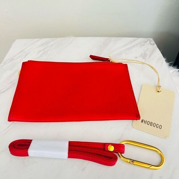 HOBO Tour Leather Zip Pouch Bag, Wristlet, with Lanyard, Red/Gold, NWT - Picture 4 of 15